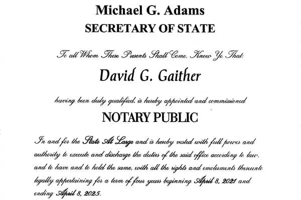 David Gaither Notary Certificate
